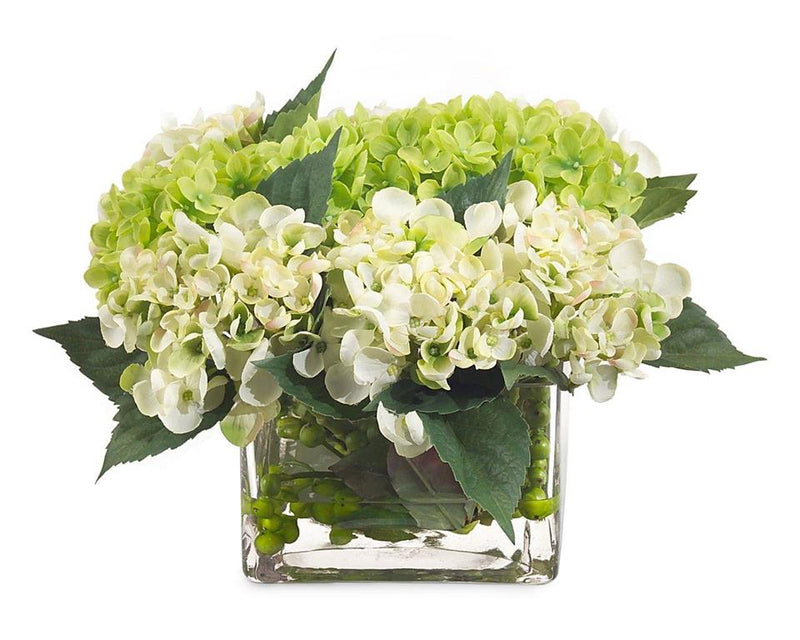 Ulrika Hydrangea Row in Glass Cube - Luxury Living Collection