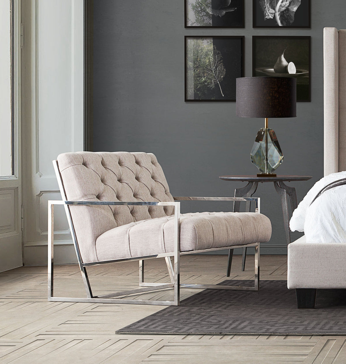 Melany Light Tweed Tufted with Polished Stainless Accent Chair - Luxury Living Collection