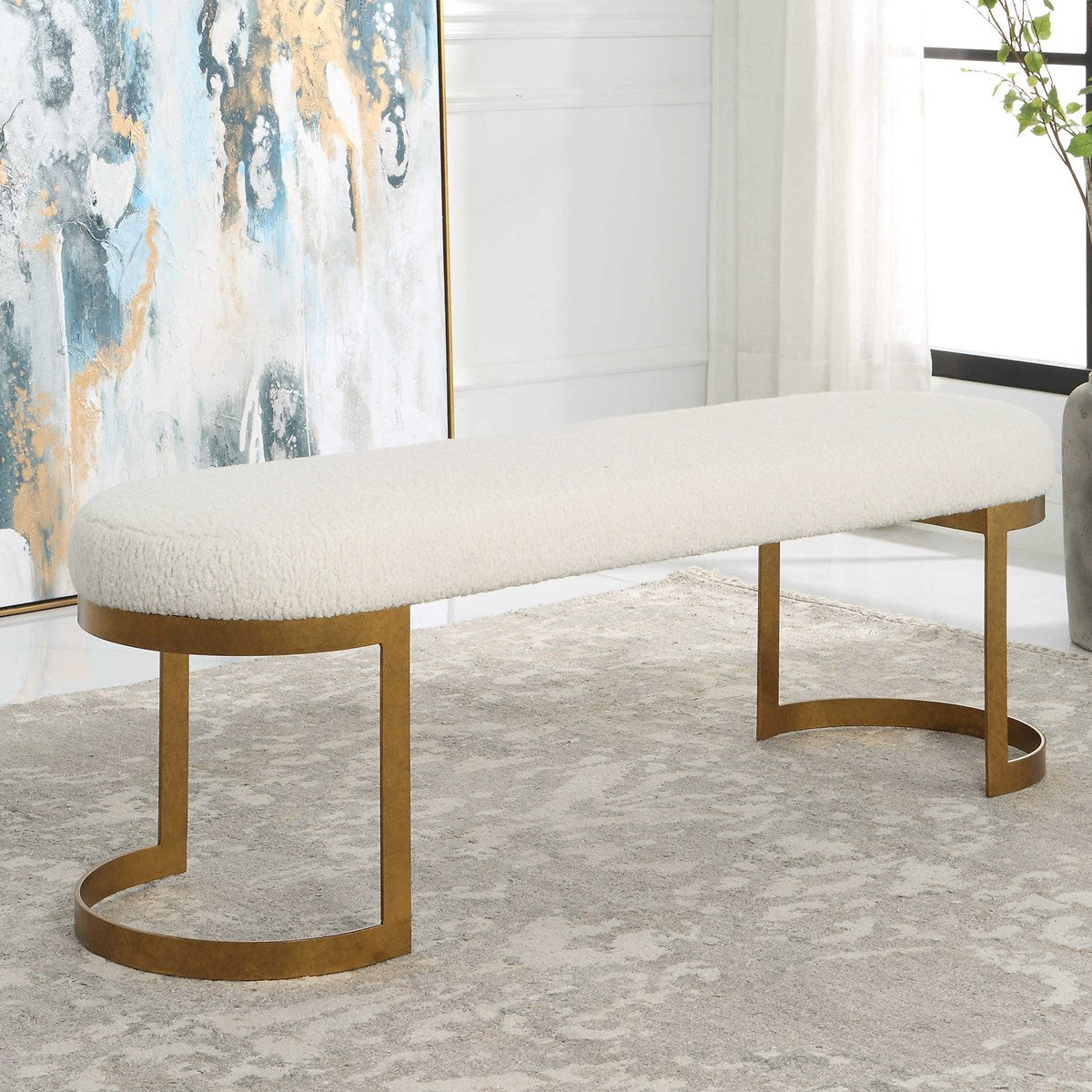 Paula Faux Shearling & Gold Leaf Bench