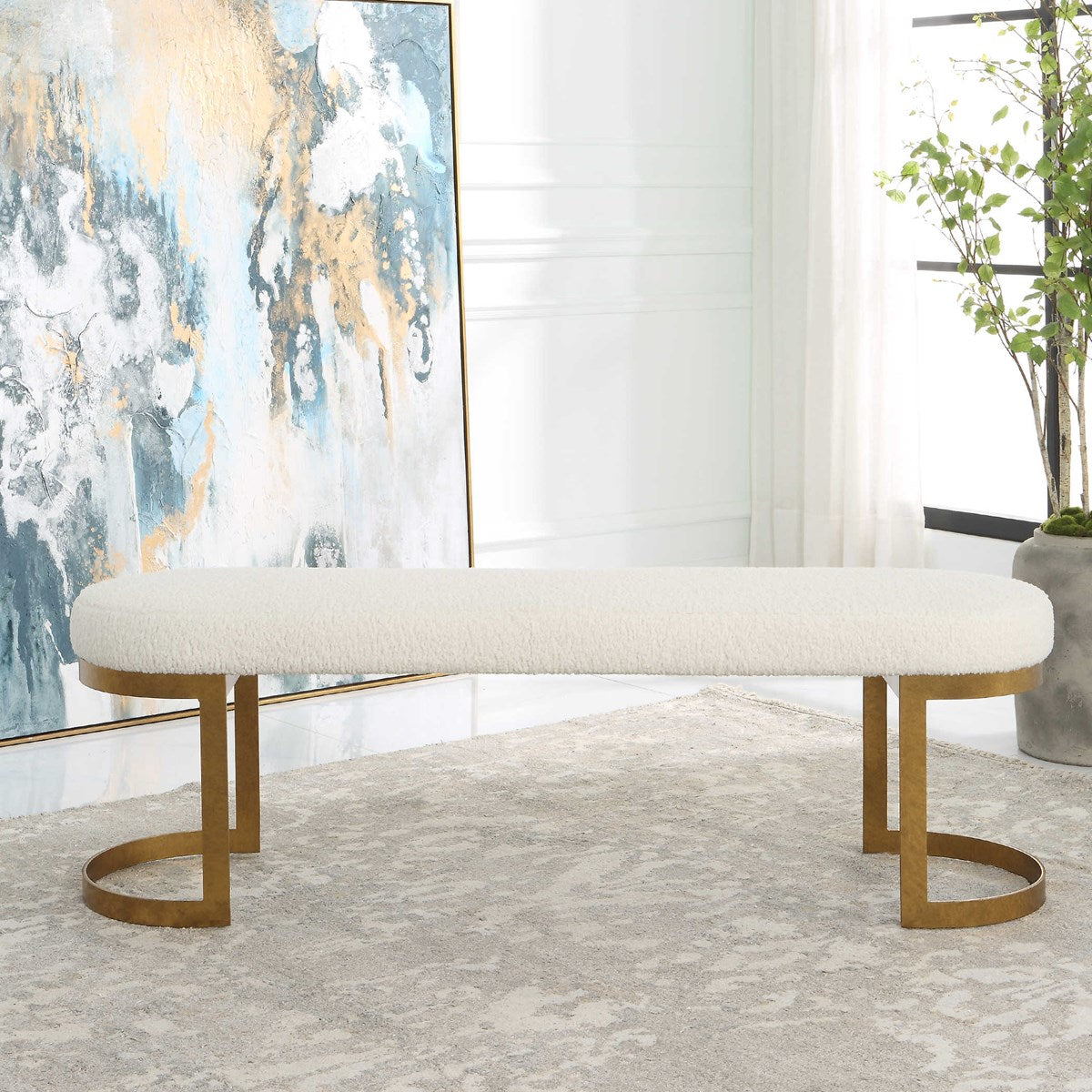 Paula Faux Shearling & Gold Leaf Bench
