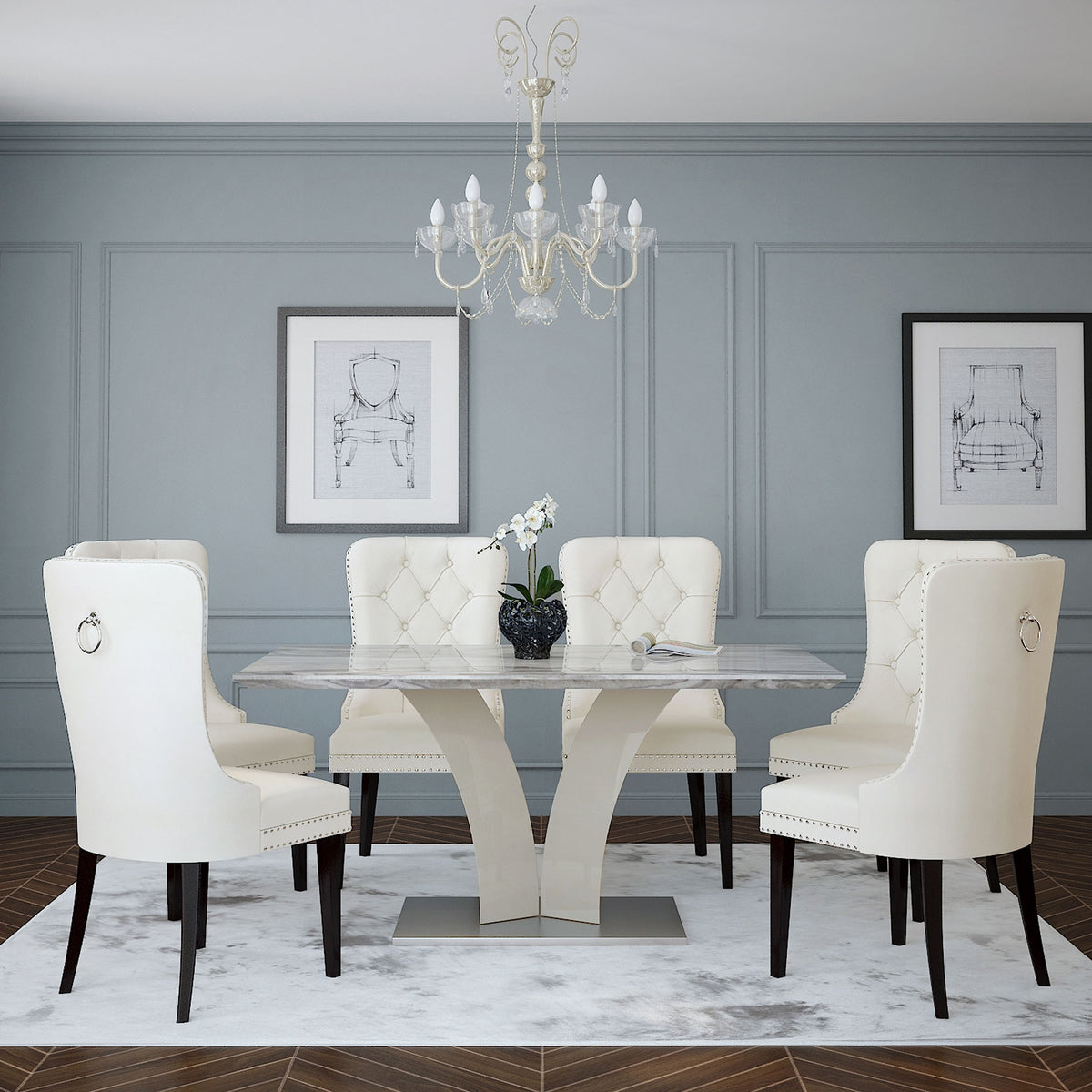 Renata Faux Marble and Ivory Velvet 7pc Dining Set