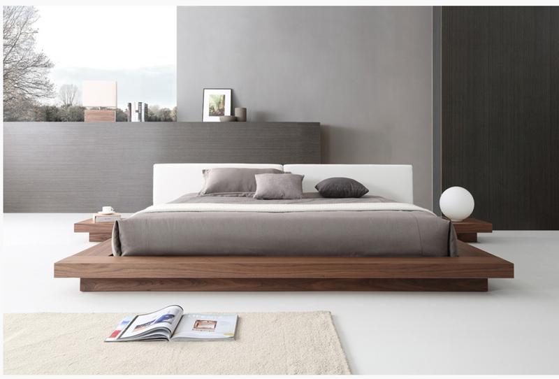 Linus Modern White Leatherette & Walnut Veneer Bed