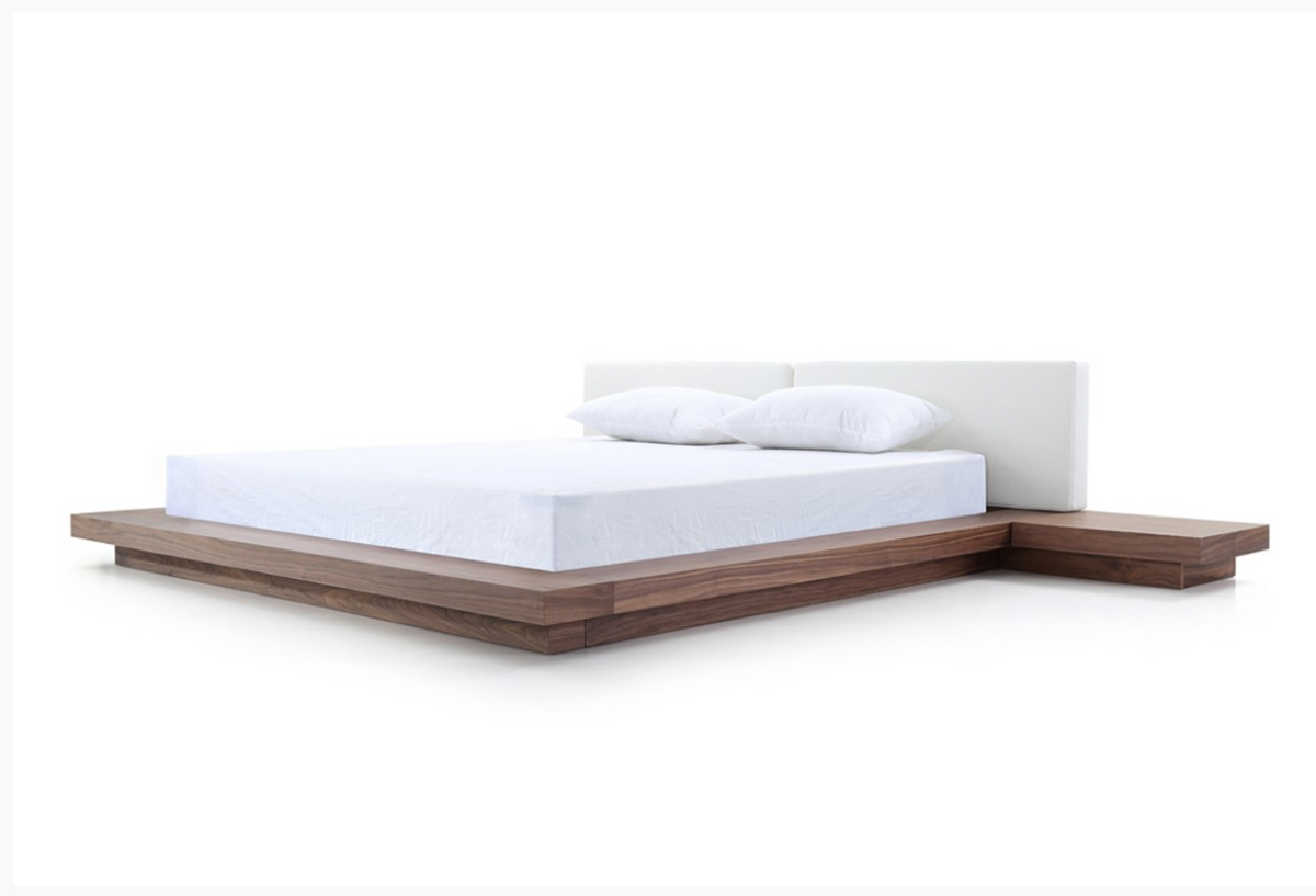 Linus Modern White Leatherette & Walnut Veneer Bed