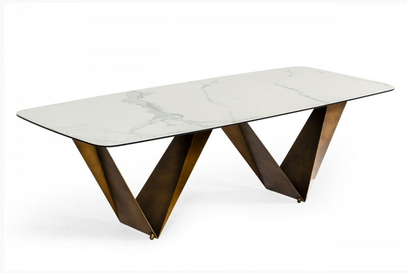 Roscoe Modern White Ceramic & Brushed Brown Dining Table