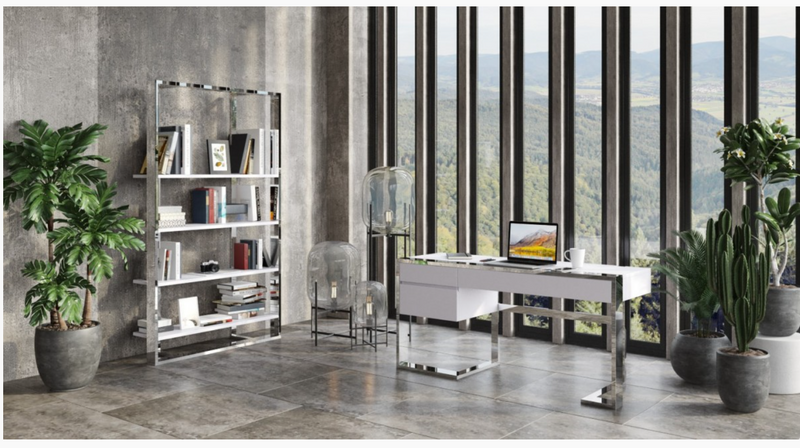 Rowena Modern White Gloss & Stainless Steel Bookshelf