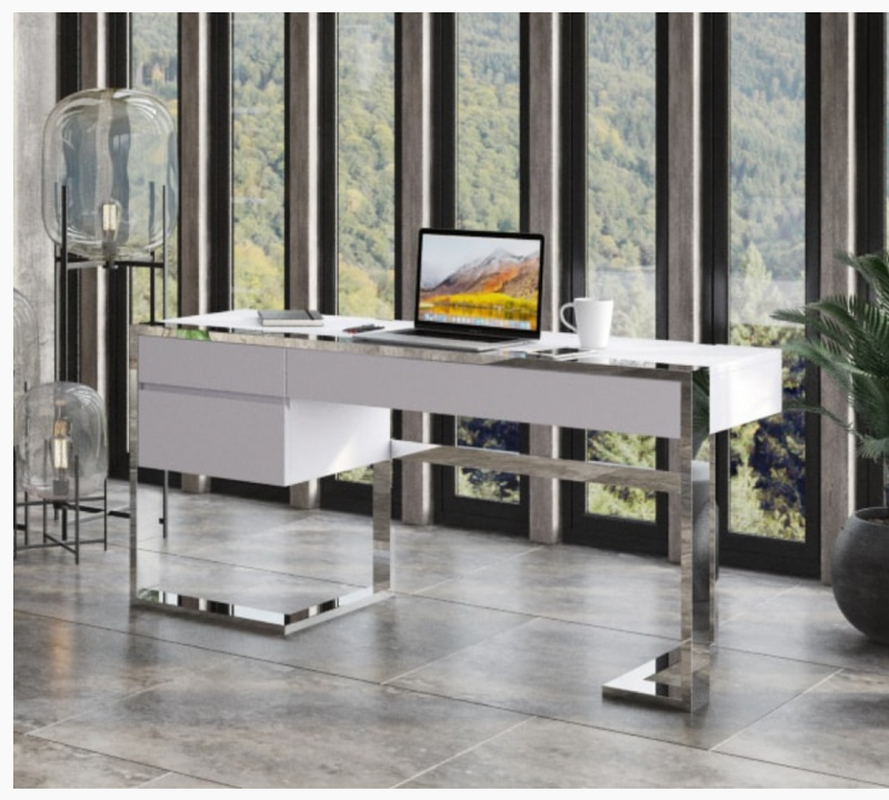 Rowena Modern White Gloss Stainless Steel Desk Deborah l kerbel