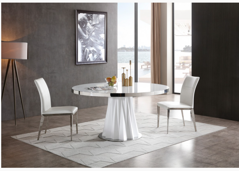 Thelonious Modern White Glass Top with White Gloss Pedestal Base Dining Table