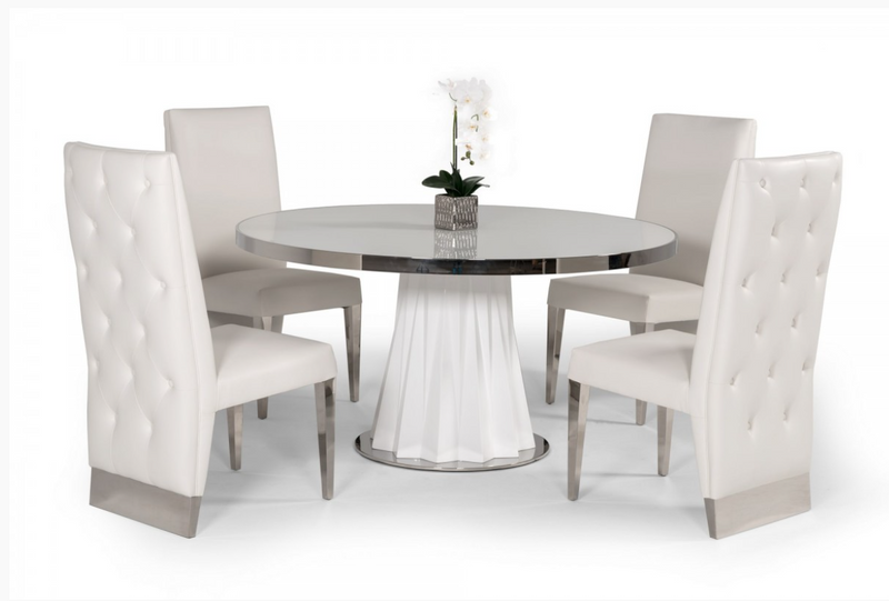 Thelonious Modern White Glass Top with White Gloss Pedestal Base Dining Table