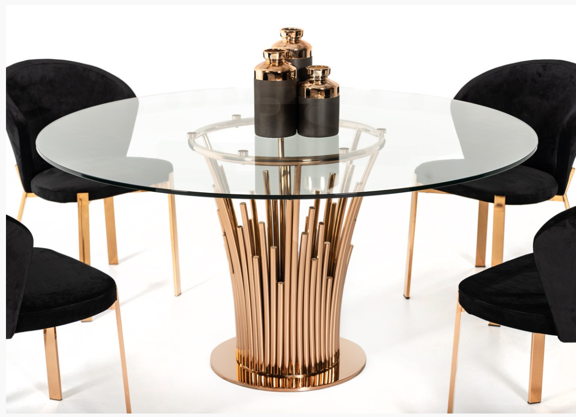 Virgil Modern Glass & Rosegold Round Dining Table