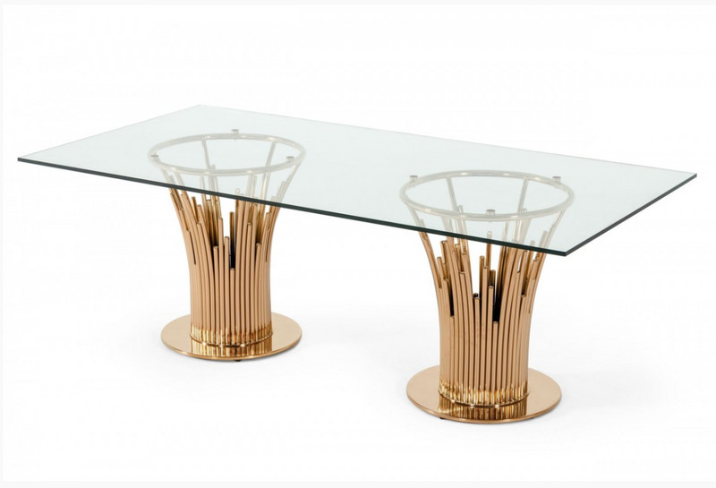 Virgil Modern Glass & Rosegold Rectangular Dining Table