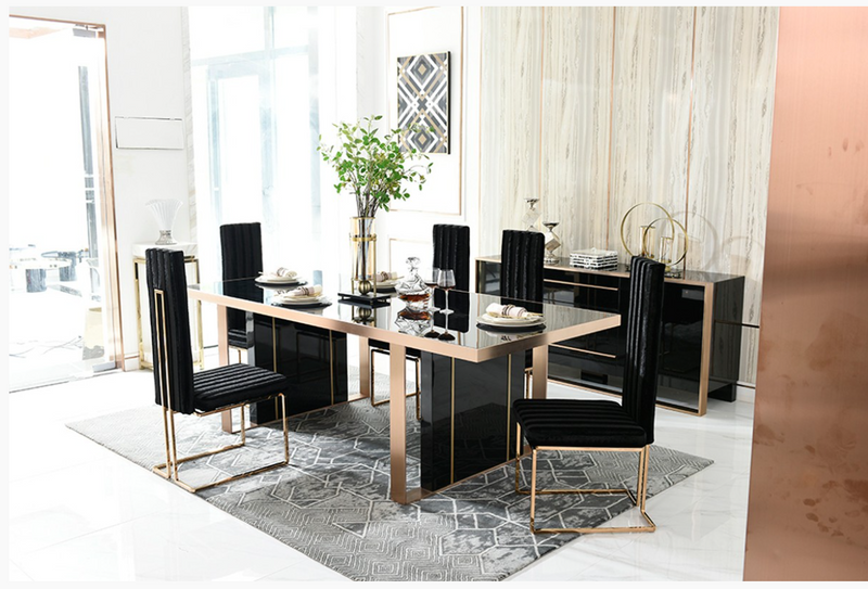 Elidi Modern Black Glass & Rosegold Dining Table