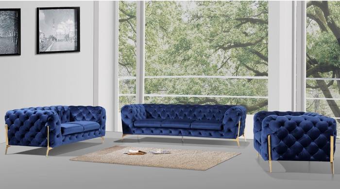 Bronte Dark Blue Fabric Modern Velour Sofa Set