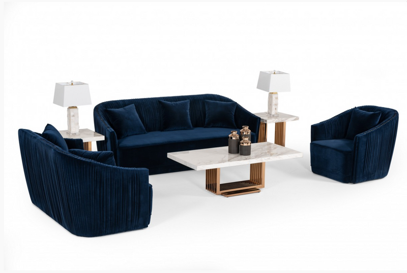 Echo Modern Blue Velvet & Brass Sofa Set