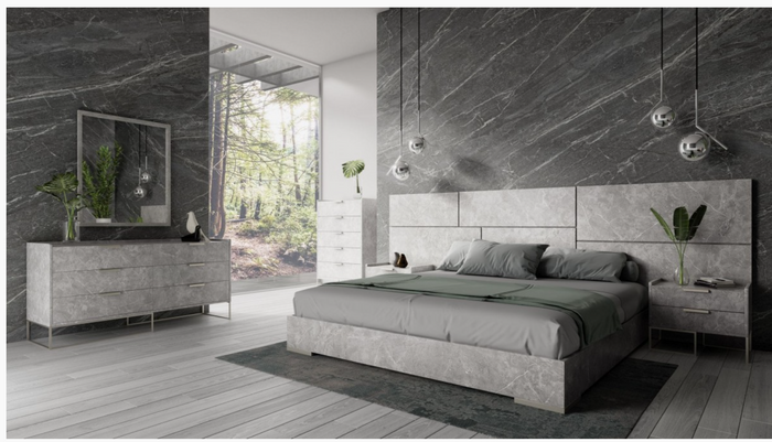 Antonina Modern Grey Marble Bed with 2 Nightstands