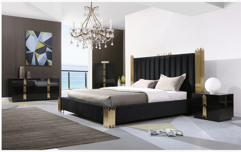 Aurelius Modern Black Velour Champagne Gold Bedroom Set