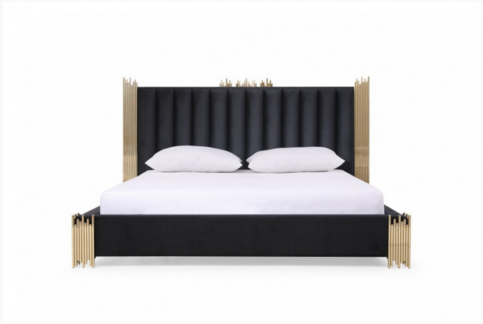 Aurelius Modern Black Velour & Champagne Gold Bedroom Set