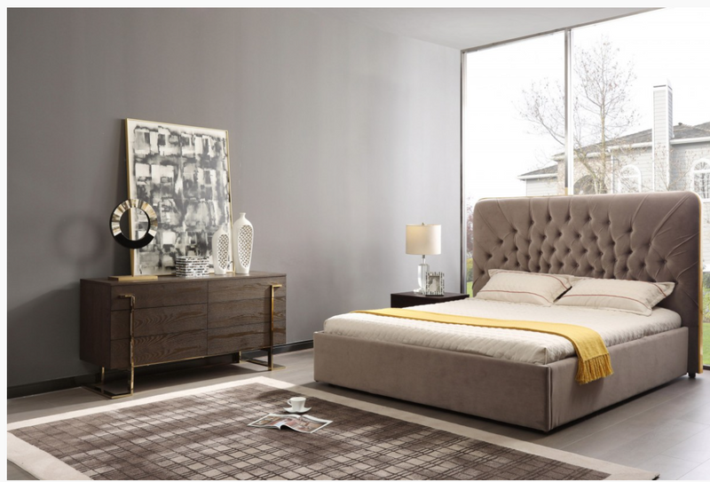 Eira Modern Beige Velvet & Brushed Brass Bed