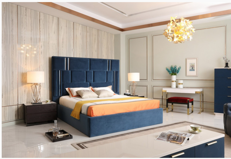 Elva Modern Blue Velvet Fabric Bed