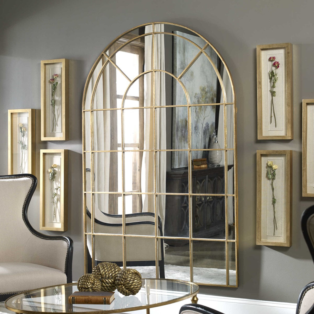 Tiffan 72" Warm Antiqued Gold Leaf Arched Mirror