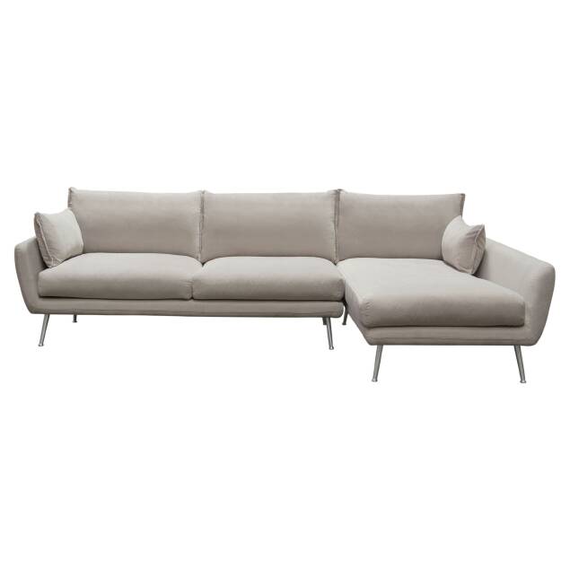 Rena RF 2PC Sectional in Light Flax Fabric w/ Feather Down Seating & Brushed Metal Legs - Luxury Living Collection