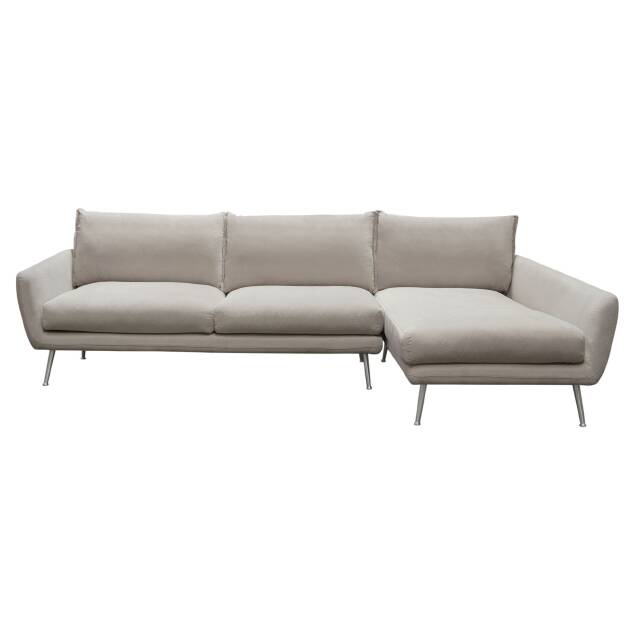 Rena RF 2PC Sectional in Light Flax Fabric w/ Feather Down Seating & Brushed Metal Legs - Luxury Living Collection