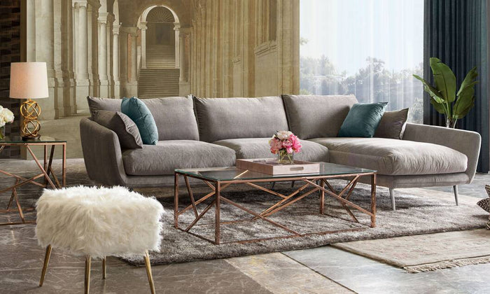 Rena RF 2PC Sectional in Light Flax Fabric w/ Feather Down Seating & Brushed Metal Legs - Luxury Living Collection