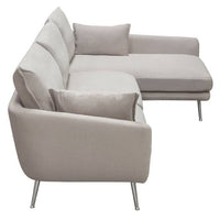 Rena RF 2PC Sectional in Light Flax Fabric w/ Feather Down Seating & Brushed Metal Legs - Luxury Living Collection