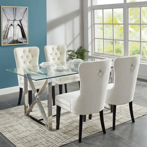 Zariah Polished Silver and Ivory Velvet 5pc Dining Set