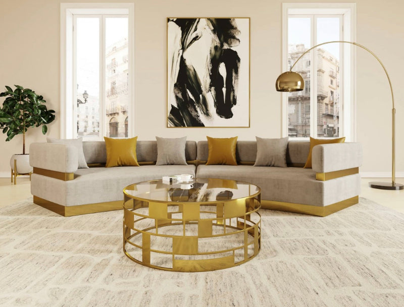 Demtria Glam Beige & Gold Fabric Sectional