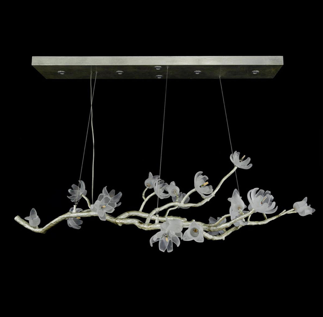 Blossoming Silver Leaf Flowers Glass Nineteen-Light Chandelier - Luxury Living Collection