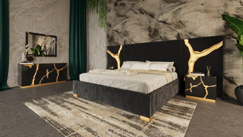 Sakira King Glam Black Velvet & Gold Bed