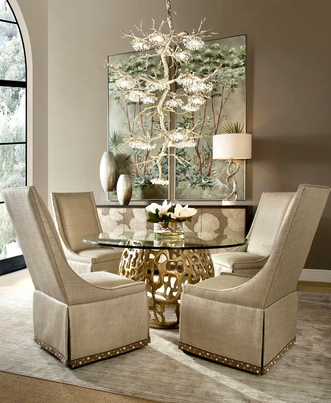 Radiant Round Glass & Gold Dining Table - Luxury Living Collection