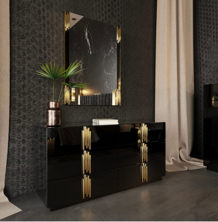 Aurelius Modern Black Velour & Champagne Gold Bedroom Set