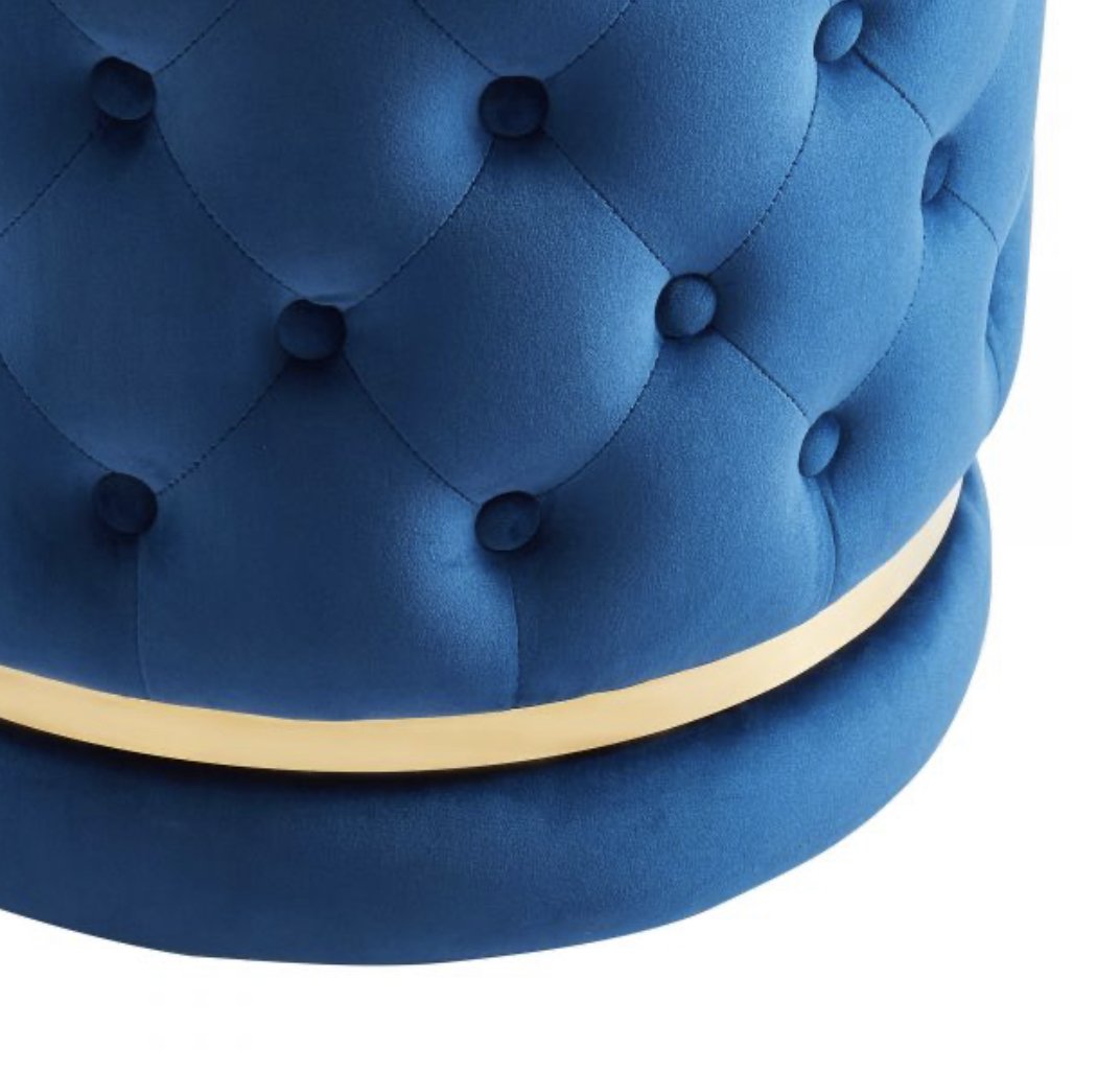 Roxy Blue Velvet and Gold Round Swivel Ottoman