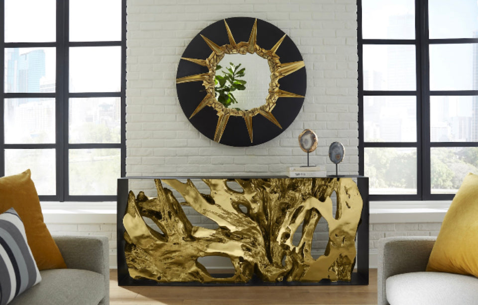 Cast Root Gold Leaf Wood Framed Large Console Table