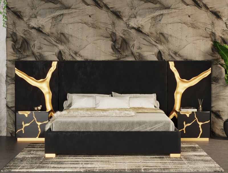 Sakira King Glam Black Velvet & Gold Bed