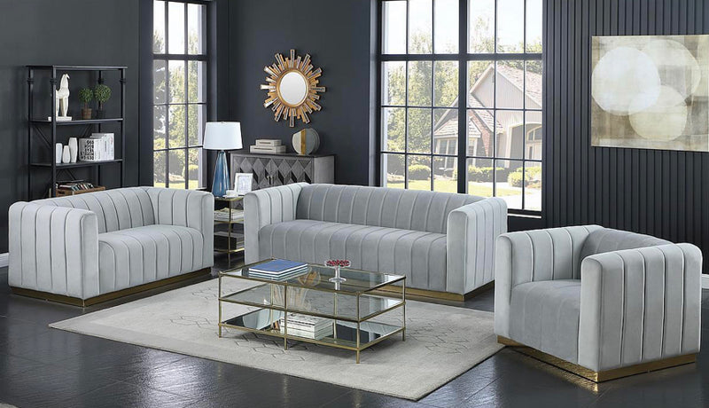 Alyson Grey Velvet with Brushed Gold Stainless Steel Sofa