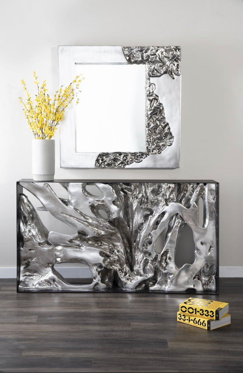 Cast Root Silver Leaf Small Metal Framed Console Table