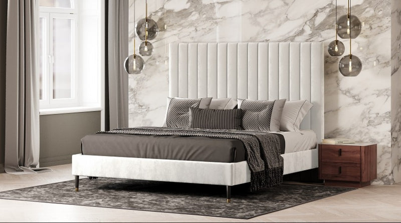 Mirza Contemporary White Velvet Fabric Bed
