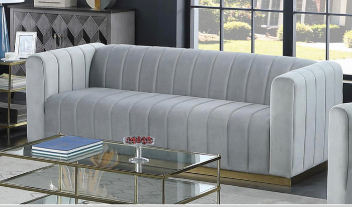 Alyson Grey Velvet with Brushed Gold Stainless Steel Sofa Set